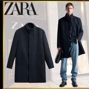 MEN Zara Navy Blue Coat with Removable Layered High Collar Size L NWT
